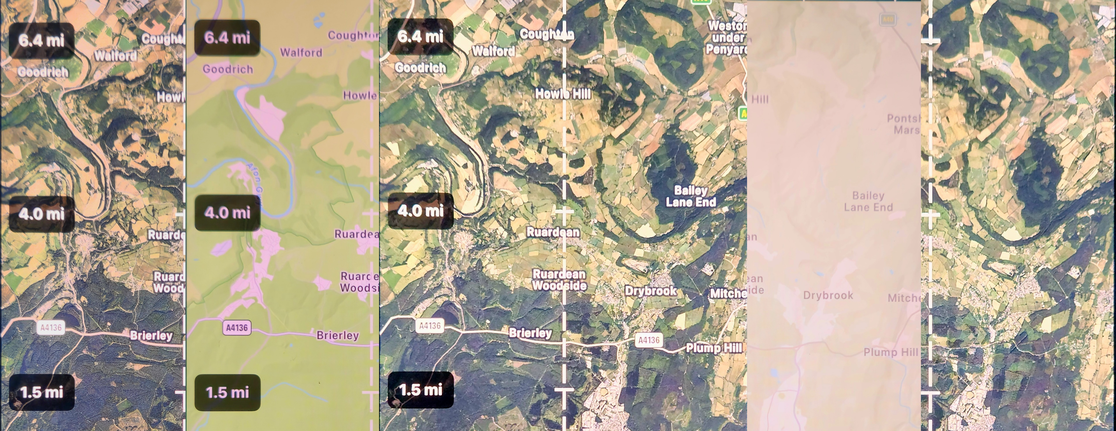 Five different map styles showing satellite, street, terrain and hybrid views